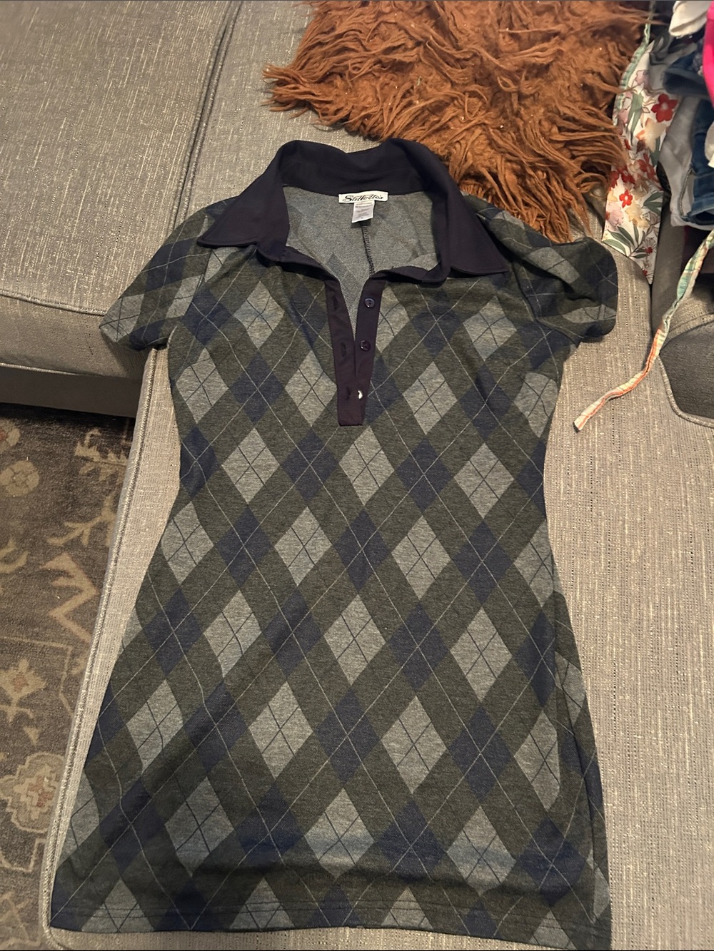 Argyle Polo Knit Mini Dress in Gray and Navy